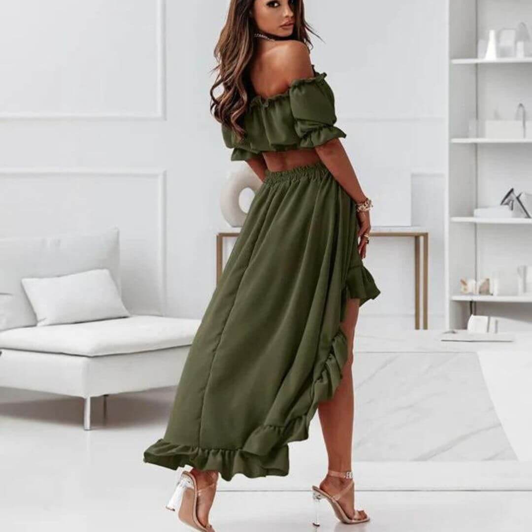 Women's Off-Shoulder Frill Trim Crop Top & Ruffle High-Low Skirt