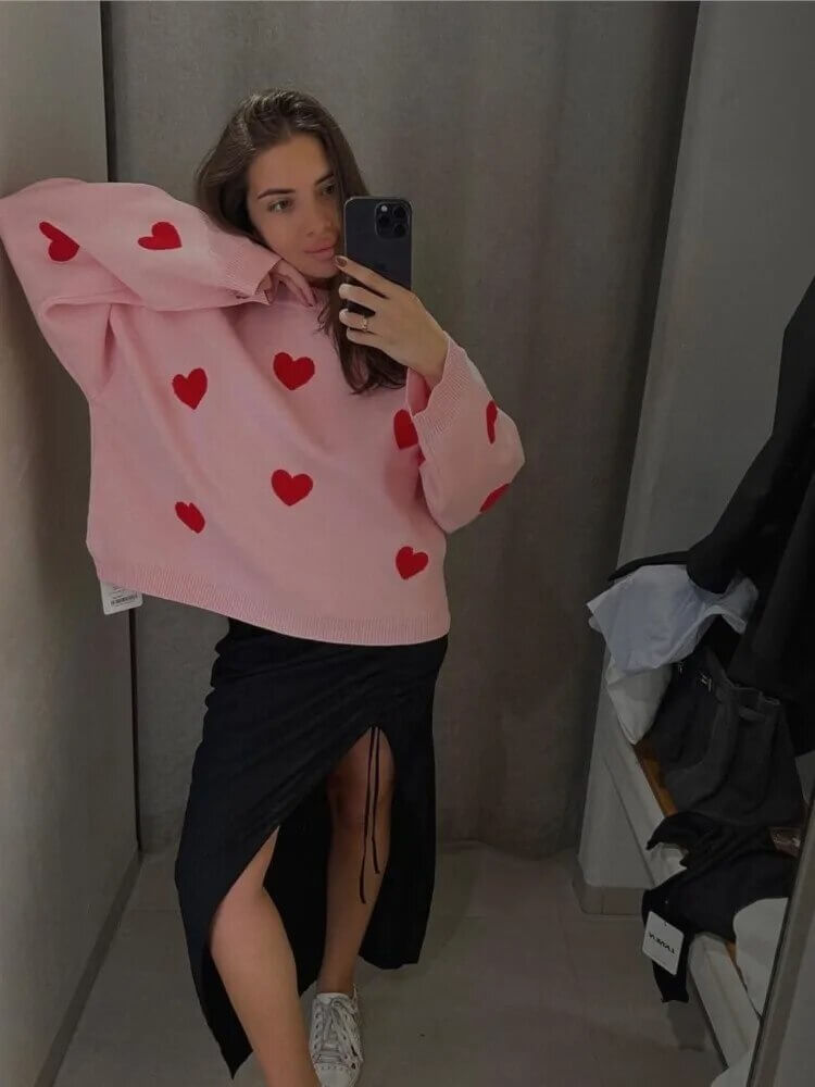 Women's Heart Print Loose Fit Sweater