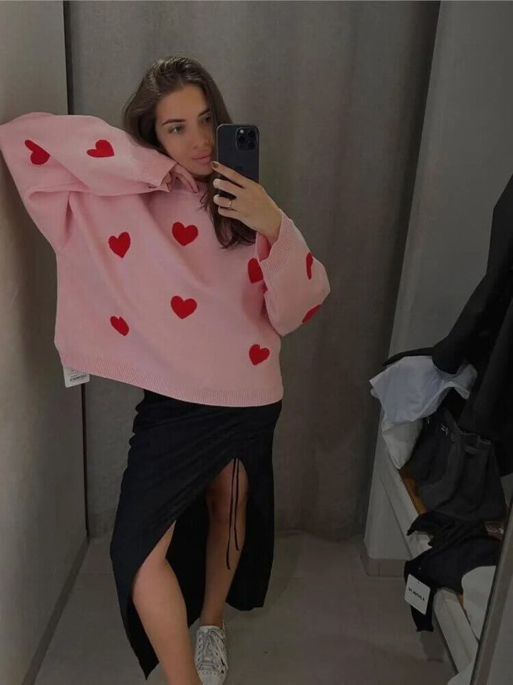 Women's Heart Print Loose Fit Sweater