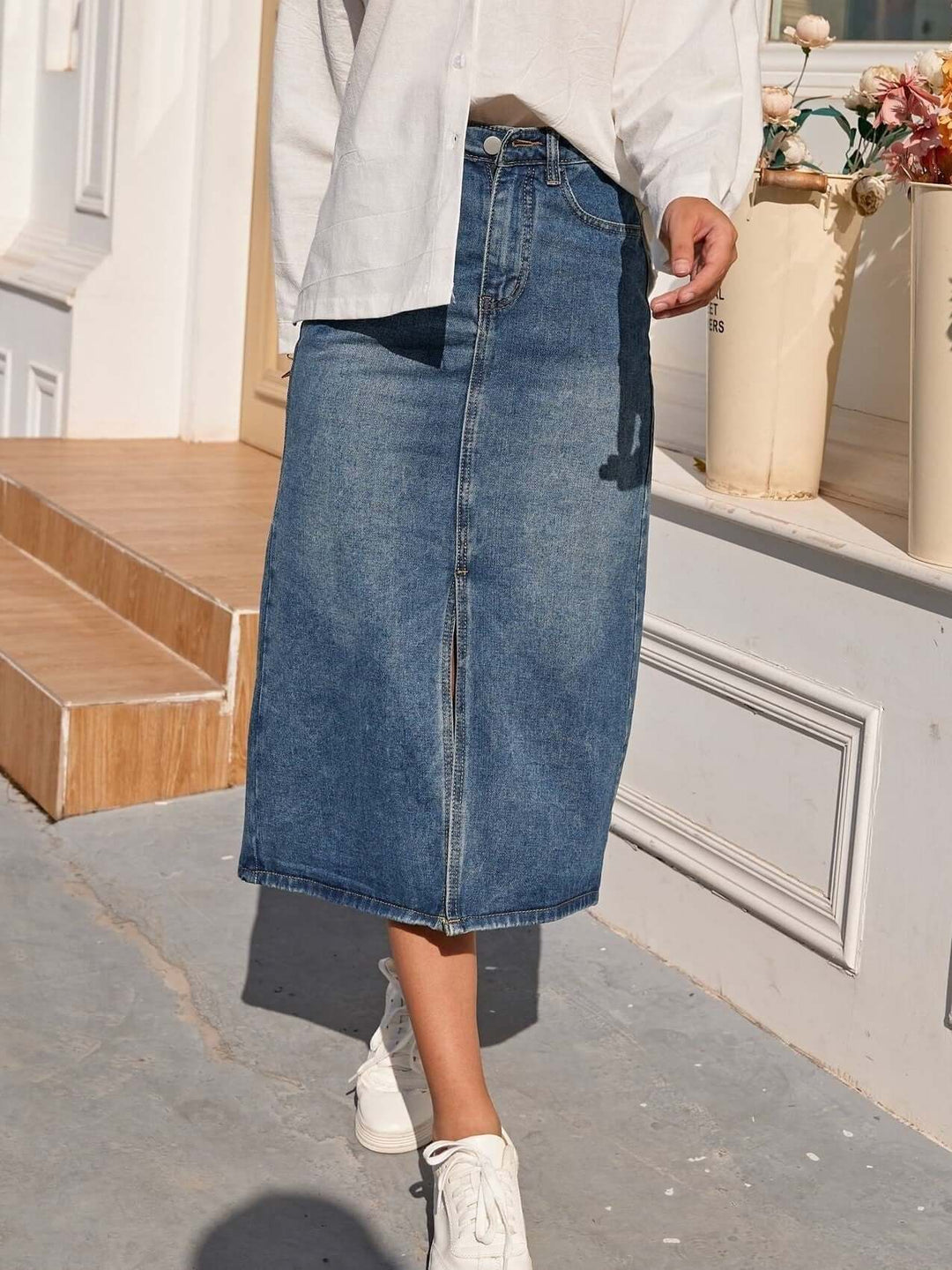 Women's High Waist Denim Midi Skirt with Front Slit