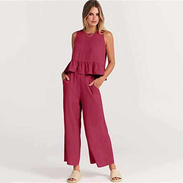 Women's Summer Sleeveless Jumpsuit: Peplum Waist, Wide Leg
