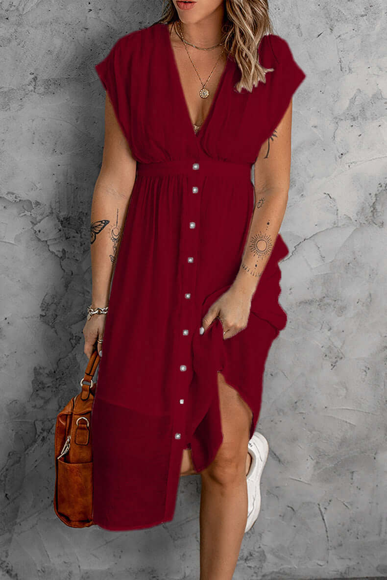 Elegant Deep V-Neck Sleeved Dress