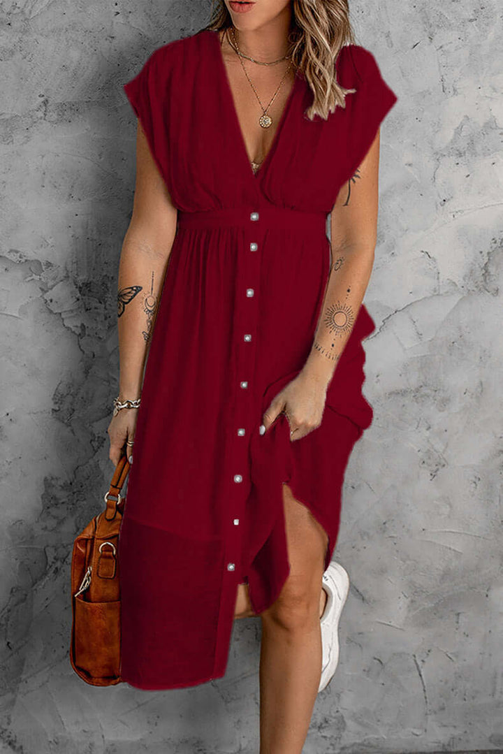 Elegant Deep V-Neck Sleeved Dress