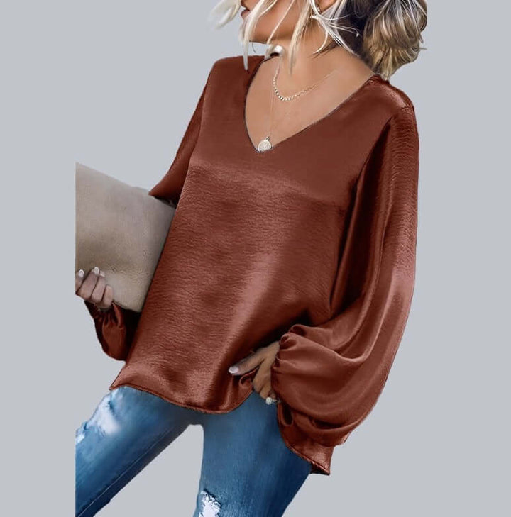Women's V-Neck Lantern Sleeve Satin Blouse