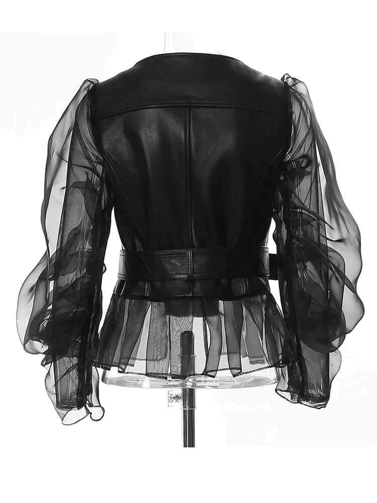 Women's Faux Leather Jacket with Sheer Ruffled Sleeves