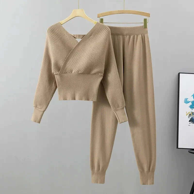 Women's Ribbed V-Neck Top & Harem Pants Set