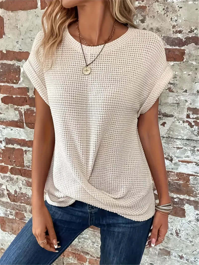 Lightweight Breathable Cotton Blend Top - Casual Round Neck Short Sleeve