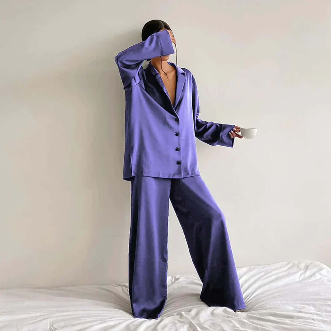 Women's Relaxed Fit Lounge Set: Soft Shirt & Wide Leg Pants