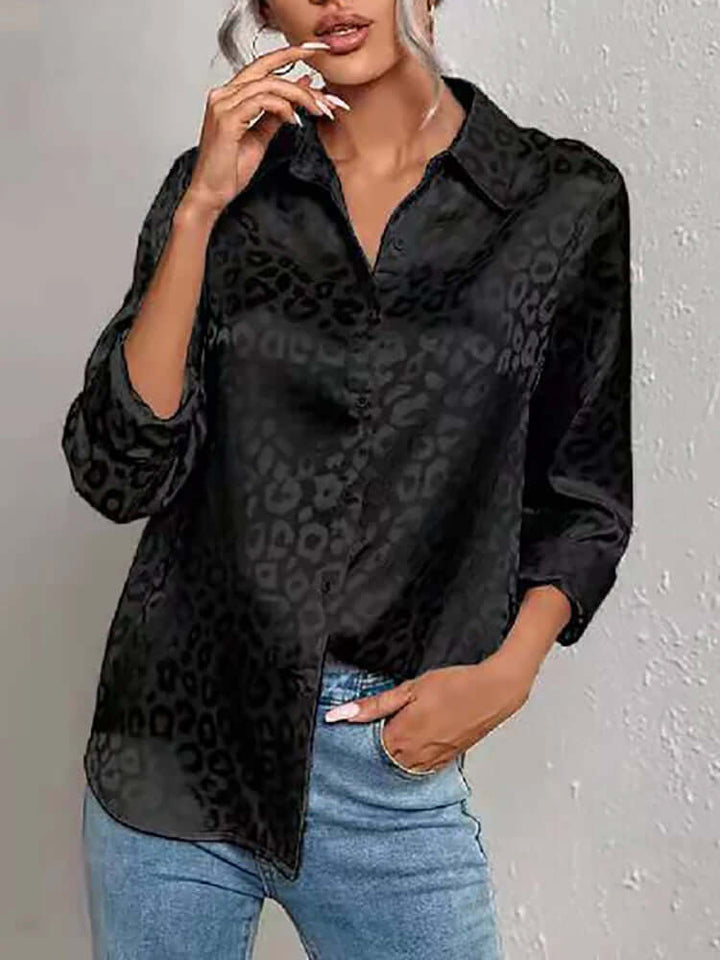Women's Leopard Print Jacquard Blouse: Stylish Long-Sleeve Top