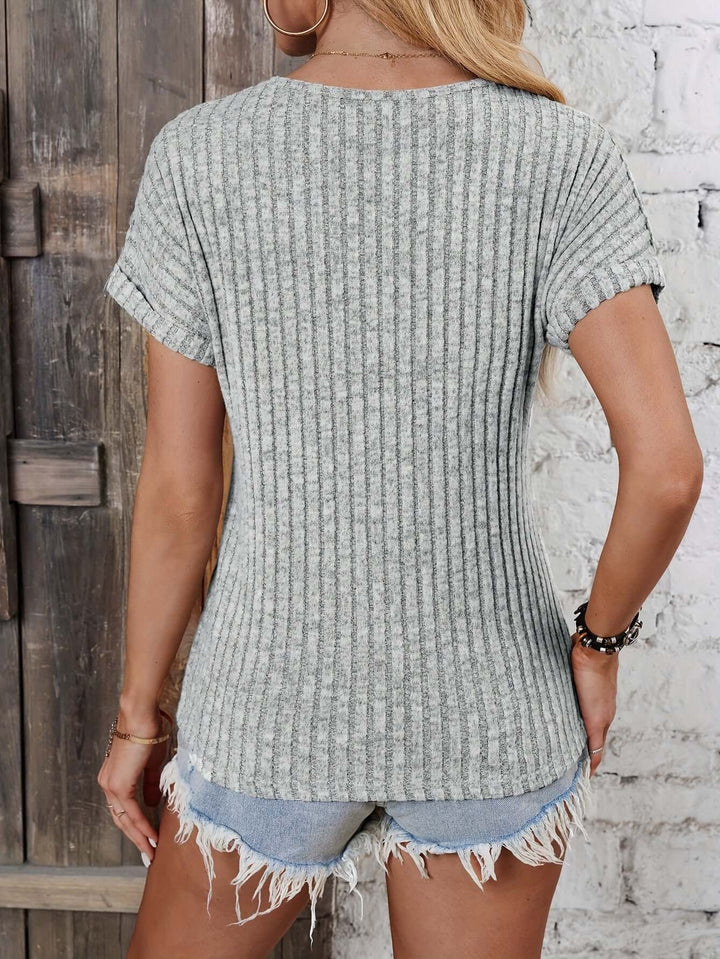 Women's Short Sleeve Ribbed Knit V-Neck Top