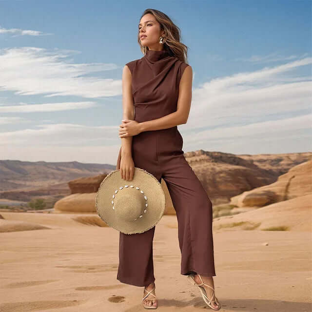 Women's Casual Sleeveless High Collar Top & Wide Leg Pants Set