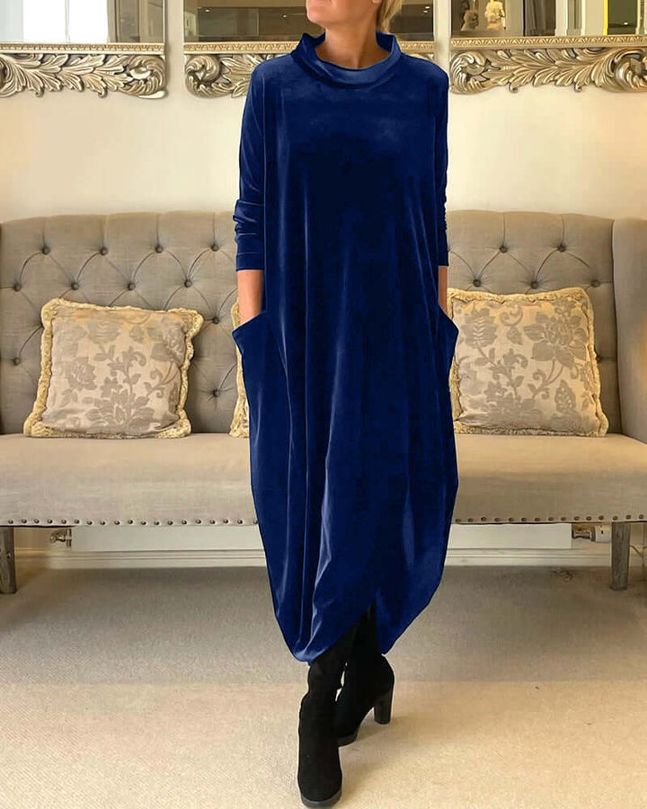 Women's Velvet Drape Dress: Long Sleeve, High Neck