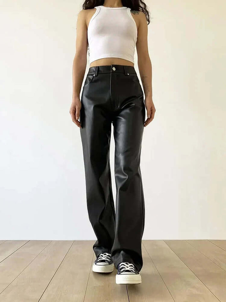 Women's High Waist Straight Leg Leather Pants