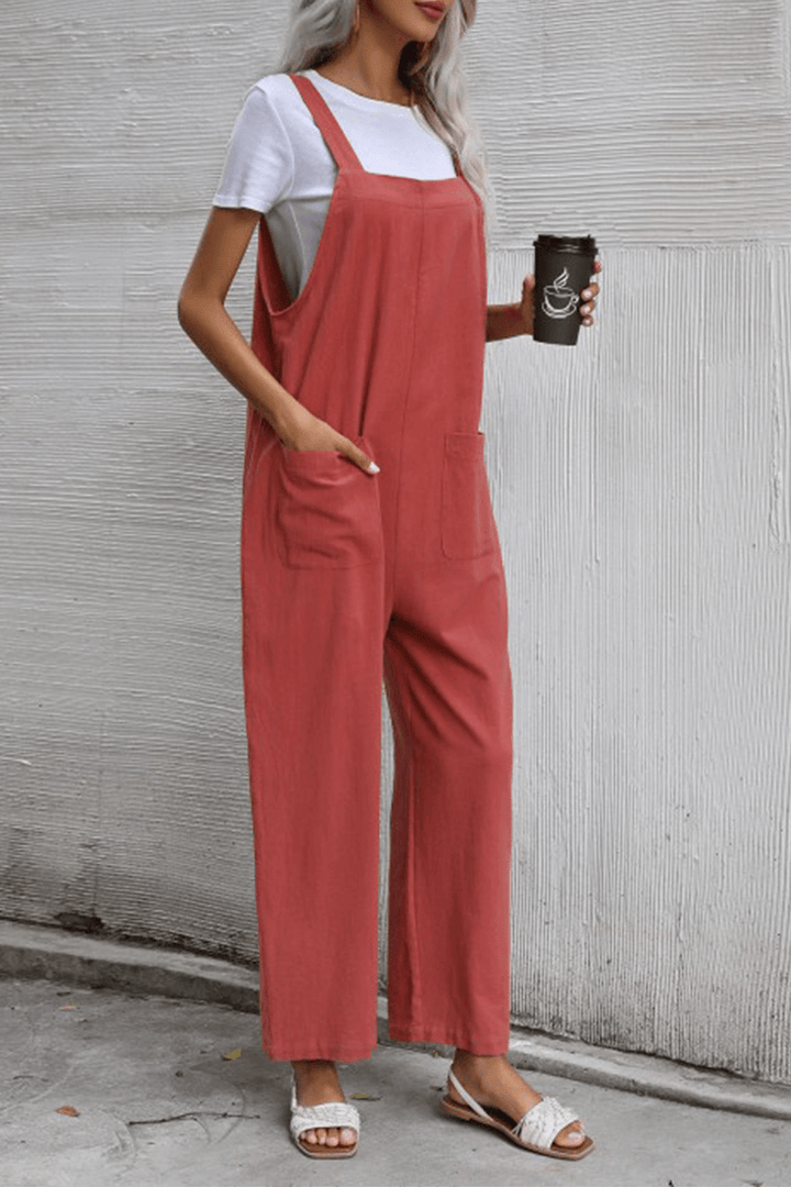 Women's Casual Pocket Button Straight Jumpsuit