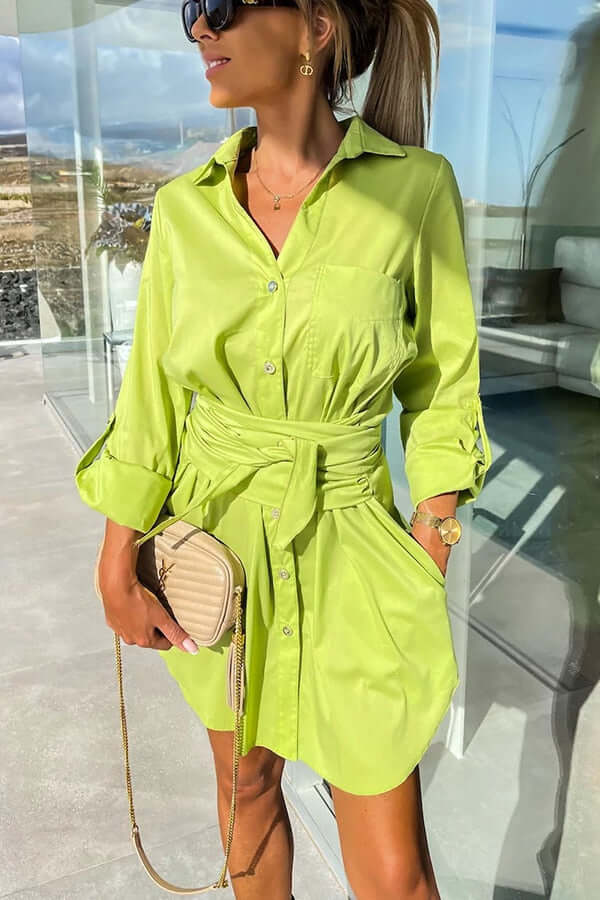 Women's Long Sleeve Button-Down Shirt Dress with Waist Tie