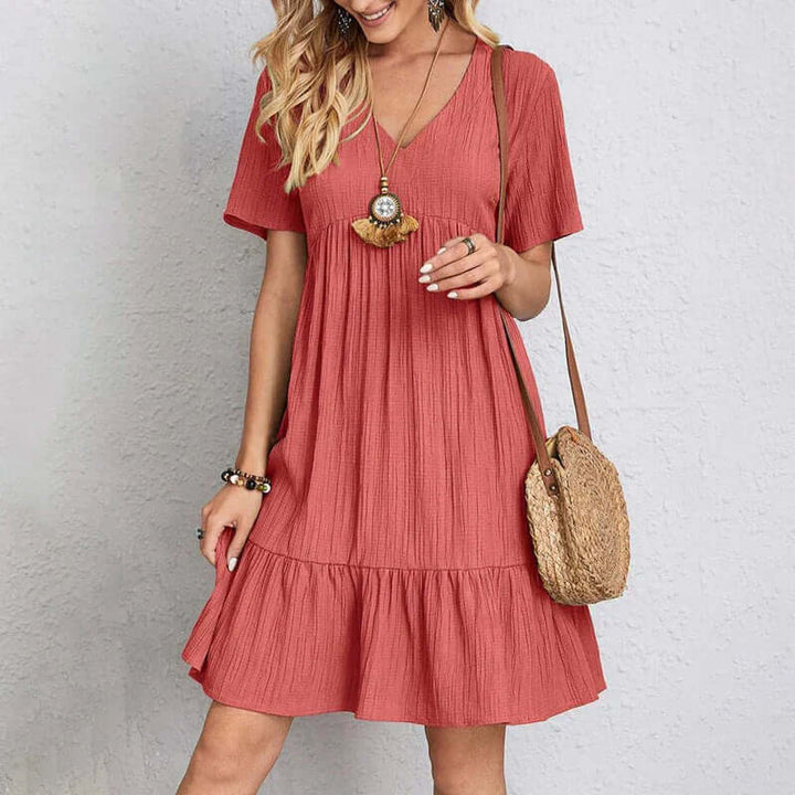 Women's Casual Summer Dress: V-Neck, Knee-Length, Ruffled Hem
