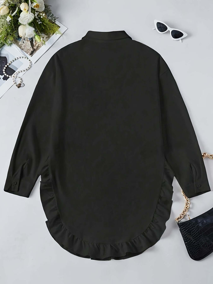 Women's Relaxed Fit Long Sleeve Shirt Dress with Ruffle Hem