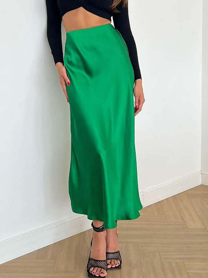 Women's Elegant A-Line Satin Midi Skirt