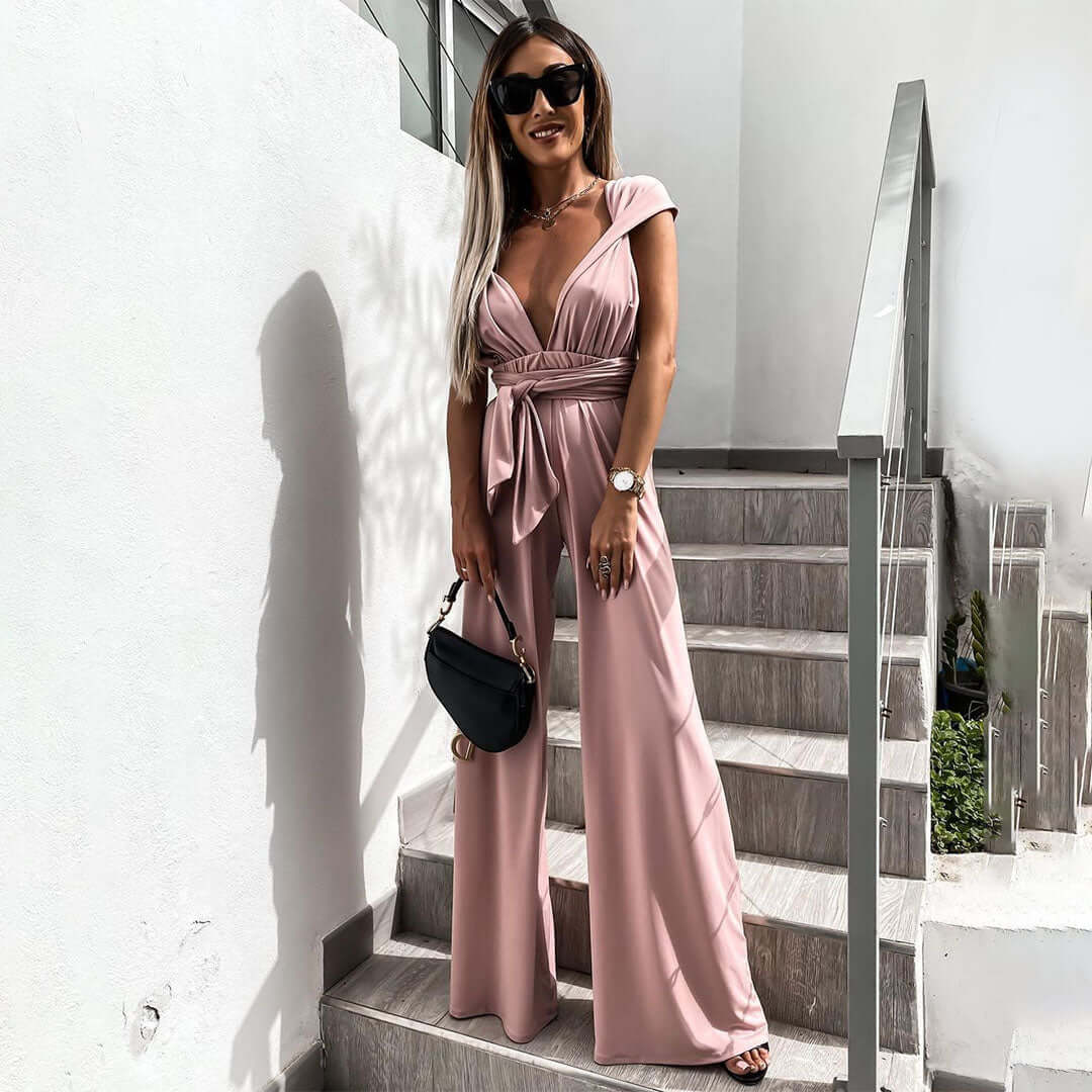 Women's Wide Leg Jumpsuit: Sleeveless V-Neck, Belted Waist