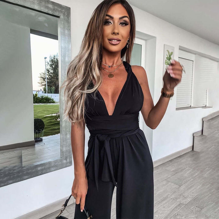Women's Wide Leg Jumpsuit: Sleeveless V-Neck, Belted Waist