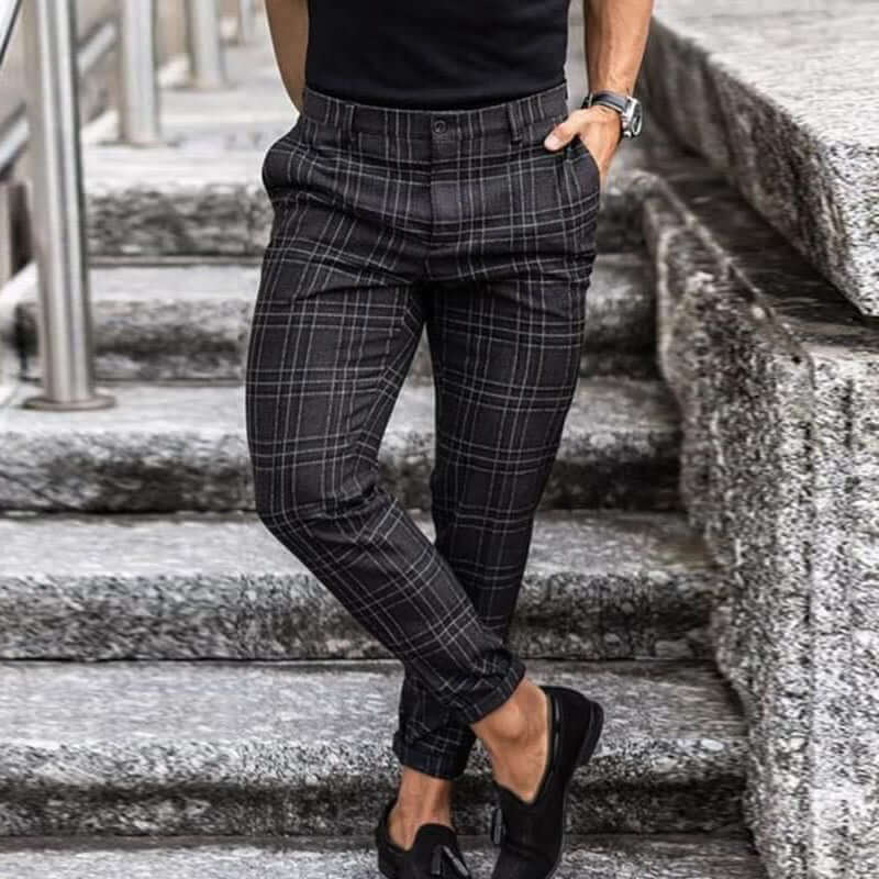 Men's Slim Fit Plaid Trousers: Smart Casual Tapered Leg Pants