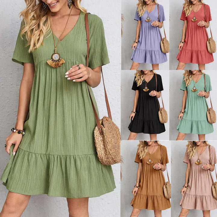 Women's Casual Summer Dress: V-Neck, Knee-Length, Ruffled Hem
