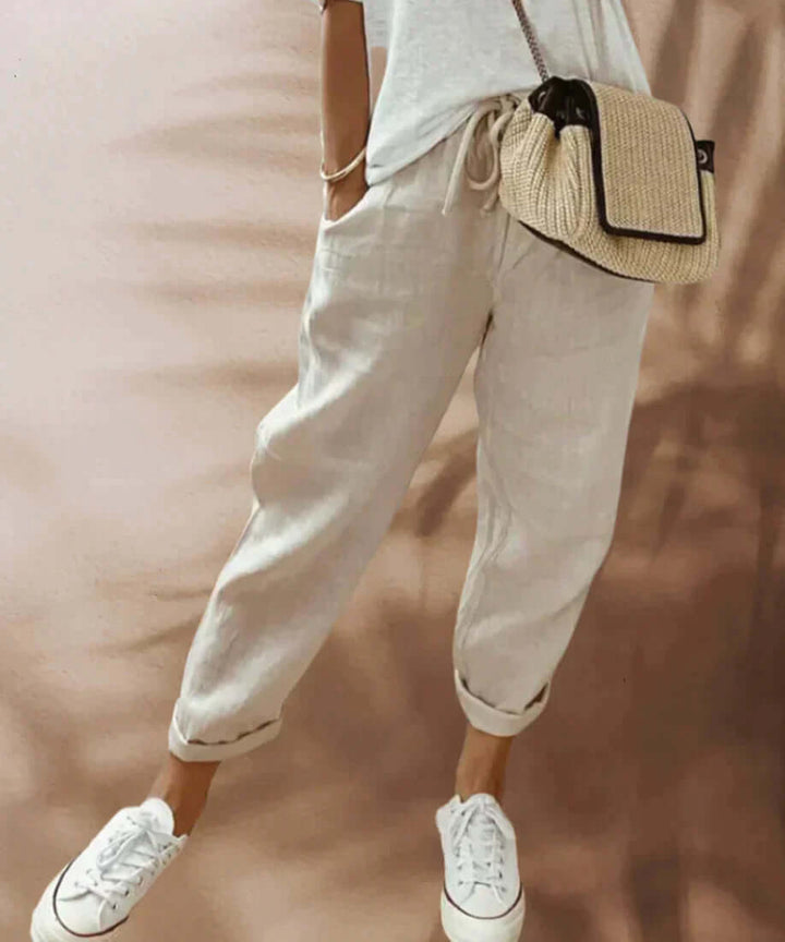 Women's Long Pants with Diagonal Pockets & Tie Belt