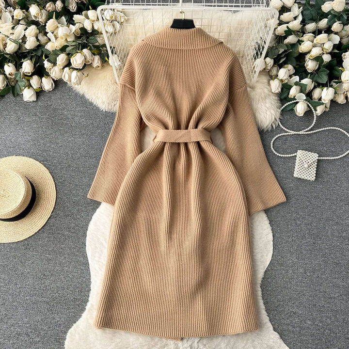 Women's Long Knit Cardigan: Open Front, Shawl Collar, Belted
