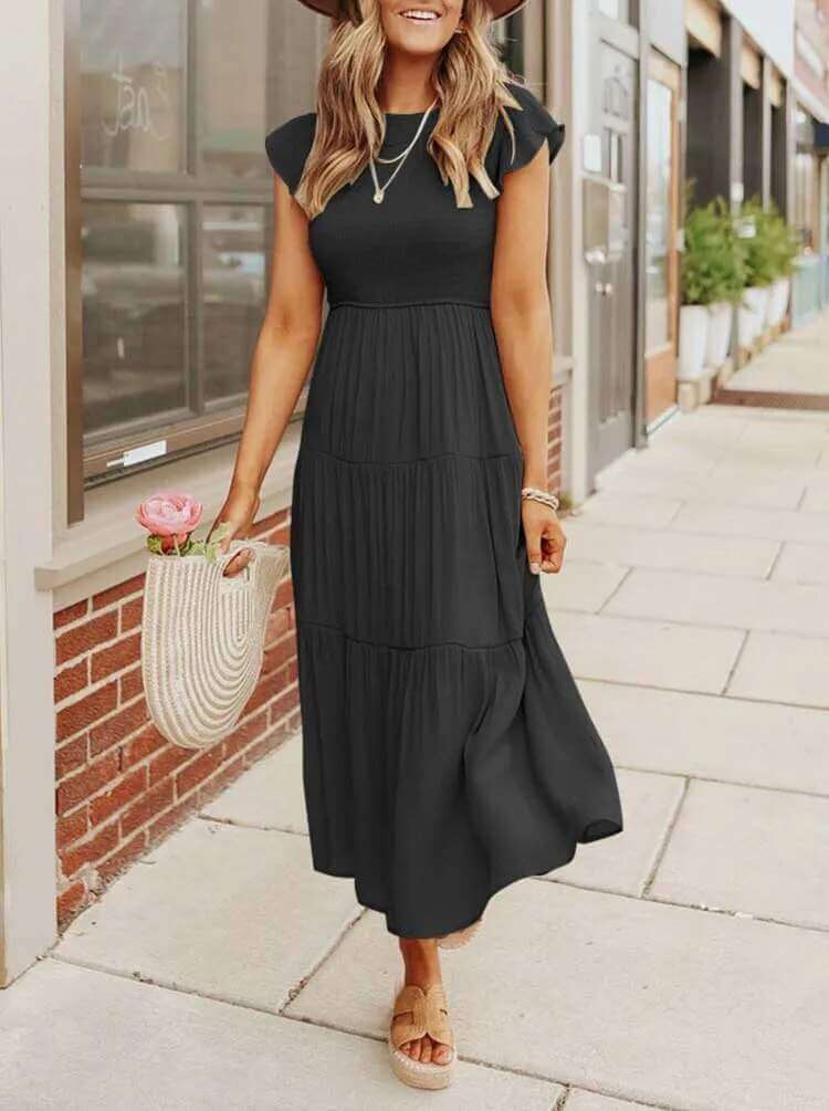 Women's A-Line Midi Dress with Flutter Sleeves