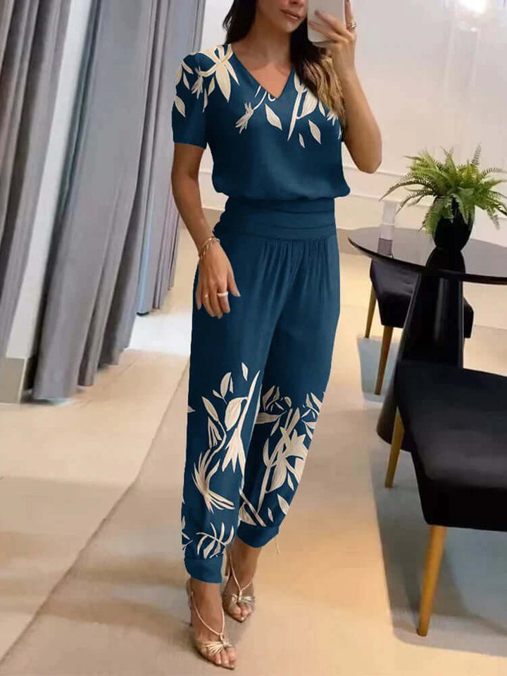 Women's Relaxed Fit Two-Piece Set: V-Neck Top & Elastic Waist Pants