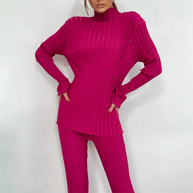 Women's Ribbed Knit Turtleneck Top & Trousers Set