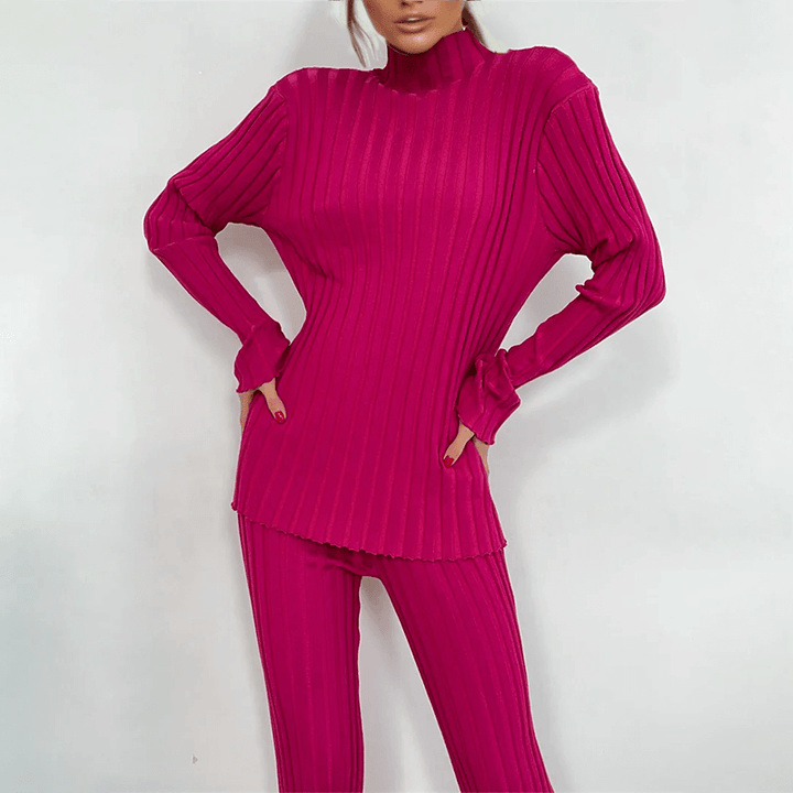 Women's Ribbed Knit Turtleneck Top & Trousers Set