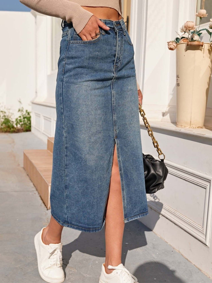 Women's High Waist Denim Midi Skirt with Front Slit