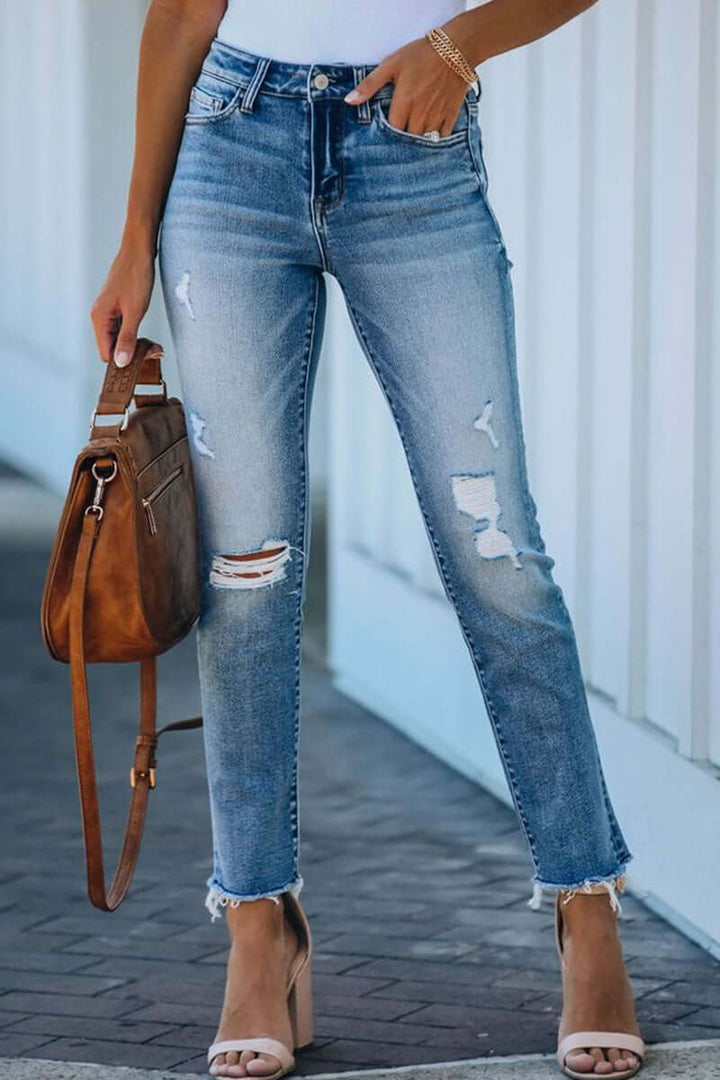 Women's Ripped Skinny Jeans: Distressed Denim Ankle-Length Jeans