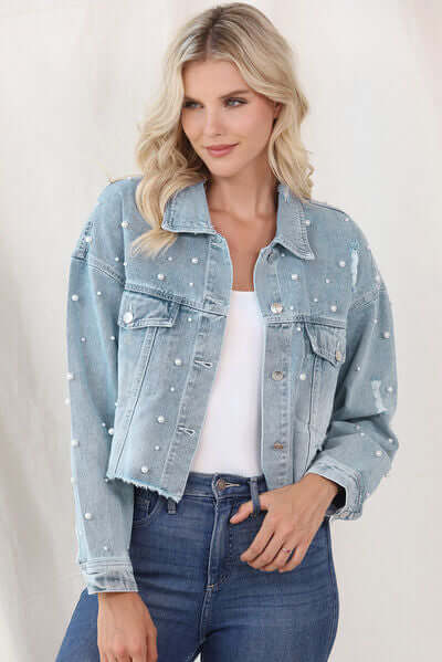 Women's Raw Hem Denim Jacket with Pearl Trim