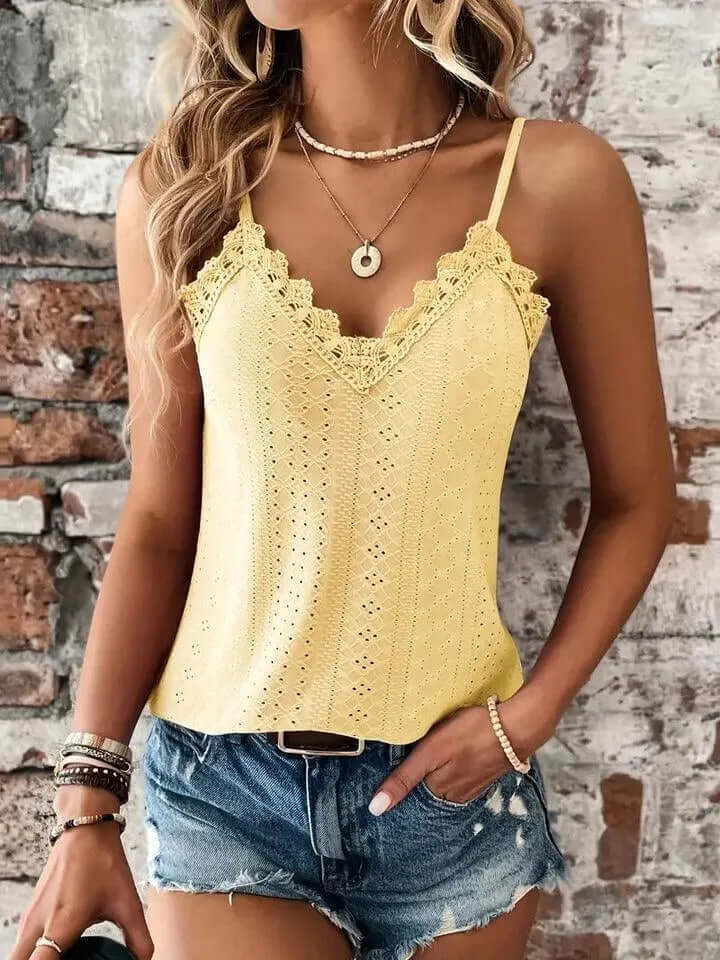 Women's Summer Eyelet Top: V-Neck, Lace Trim, Adjustable