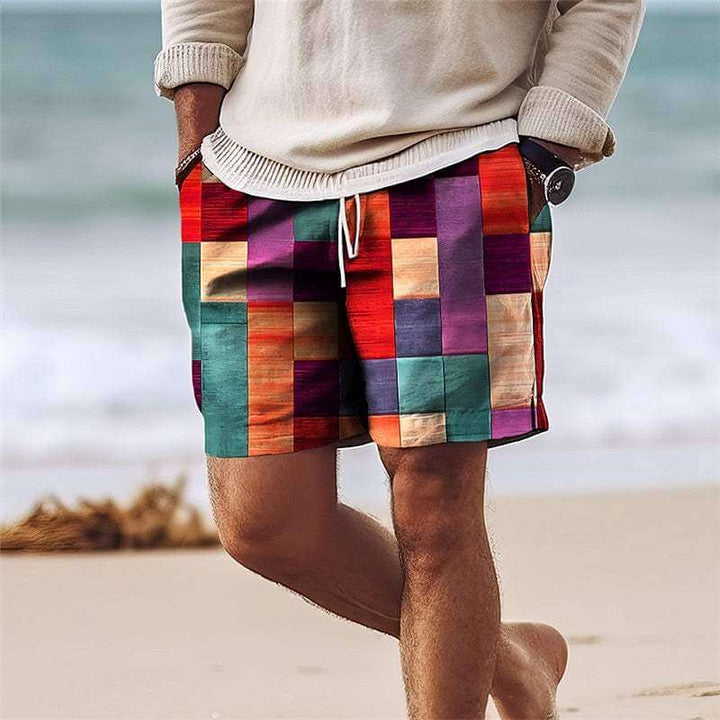 Men's Patchwork Knee-Length Shorts: Elastic Waist, Breathable