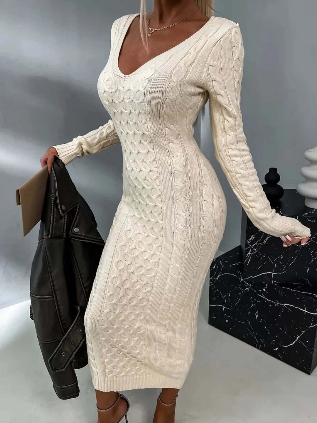 Elegant Knit Sweater Dress with Lace Detail