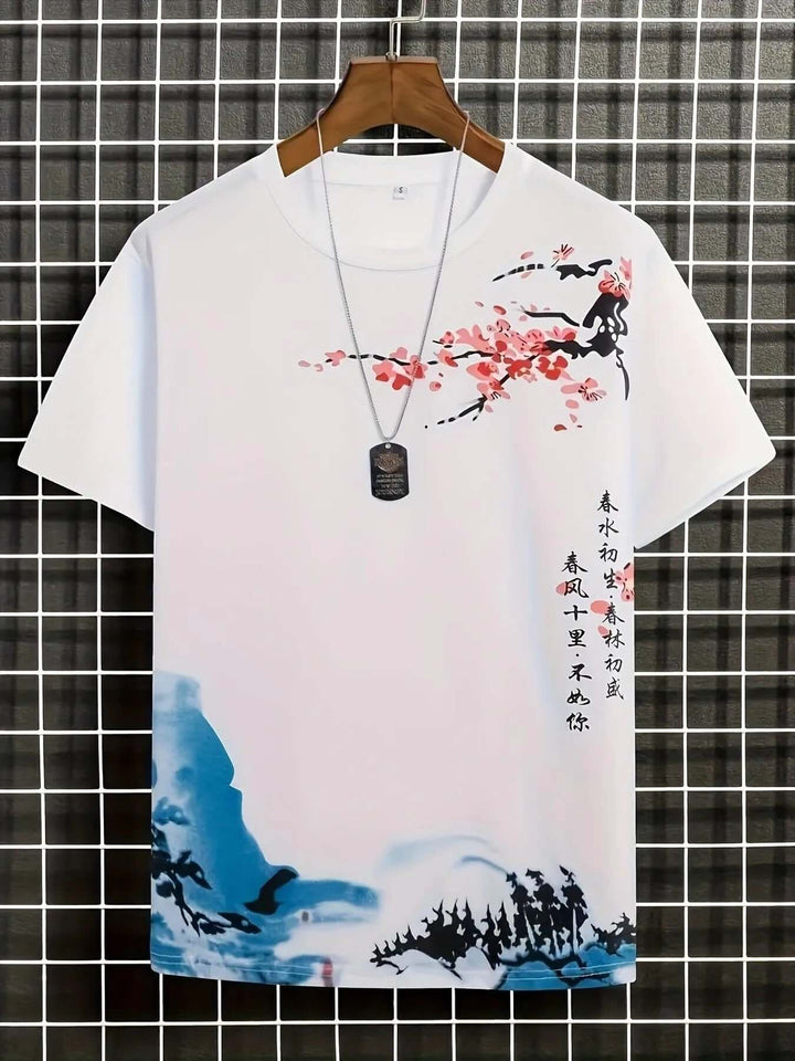 Men's Artistic Blossom & Wave Short Sleeve T-Shirt