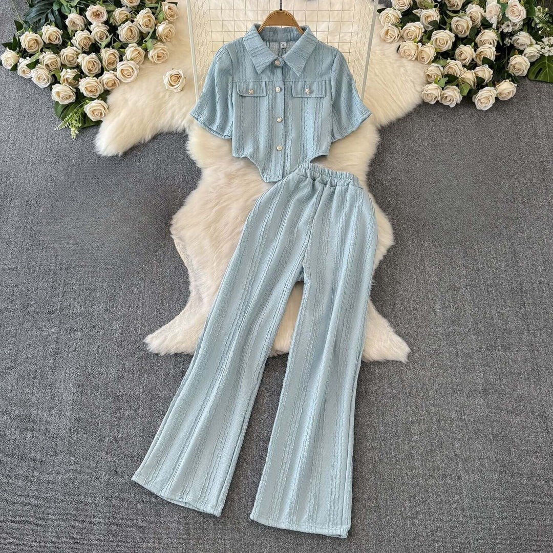 Women's Casual Cropped Top and Wide Leg Trousers Set