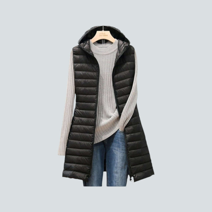 Women's Long Quilted Hooded Vest: Warm Insulated Sleeveless Jacket