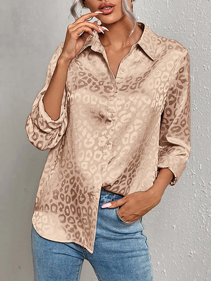 Women's Leopard Print Jacquard Blouse: Stylish Long-Sleeve Top