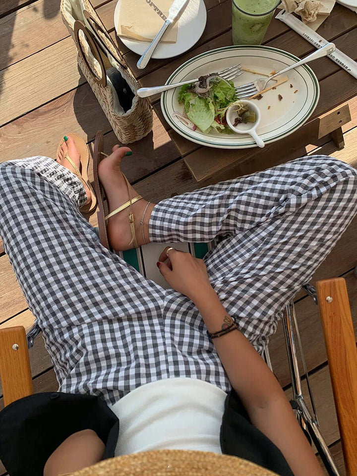 Women's Wide-Leg Gingham Trousers: Relaxed Fit, Breathable Cotton