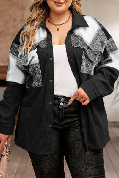 Plus Size Plaid Jacket: Women's Autumn/Winter Button-Front Pocket Jacket