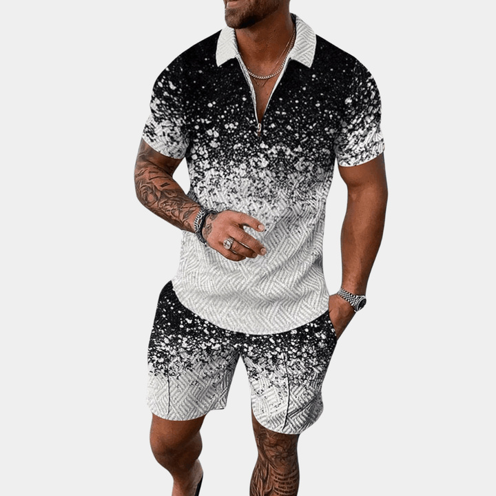 Men's Summer 2 Piece Set: Geometric Print, Zip-Up