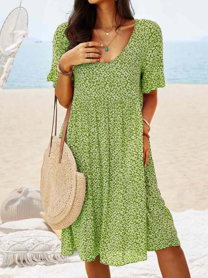 Women's Floral Midi Summer Dress, V-Neck Short Sleeve Relaxed Fit