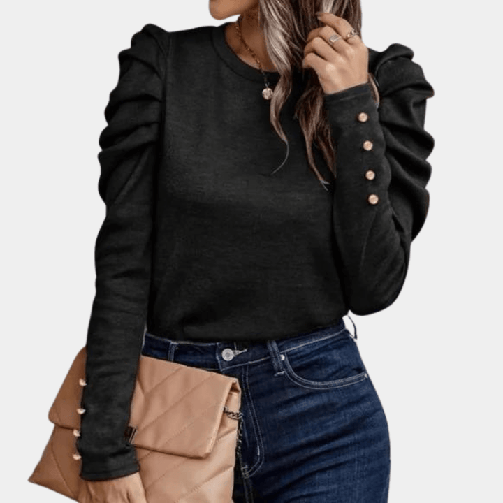 Women's Puff Sleeve Blouse: Fitted, Round Neck, Button Cuff