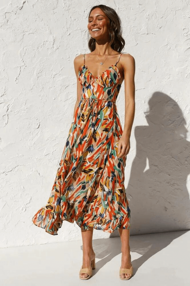 Women's Flowy Midi Sundress: A-Line, Sweetheart Neck, Ruffled Hem