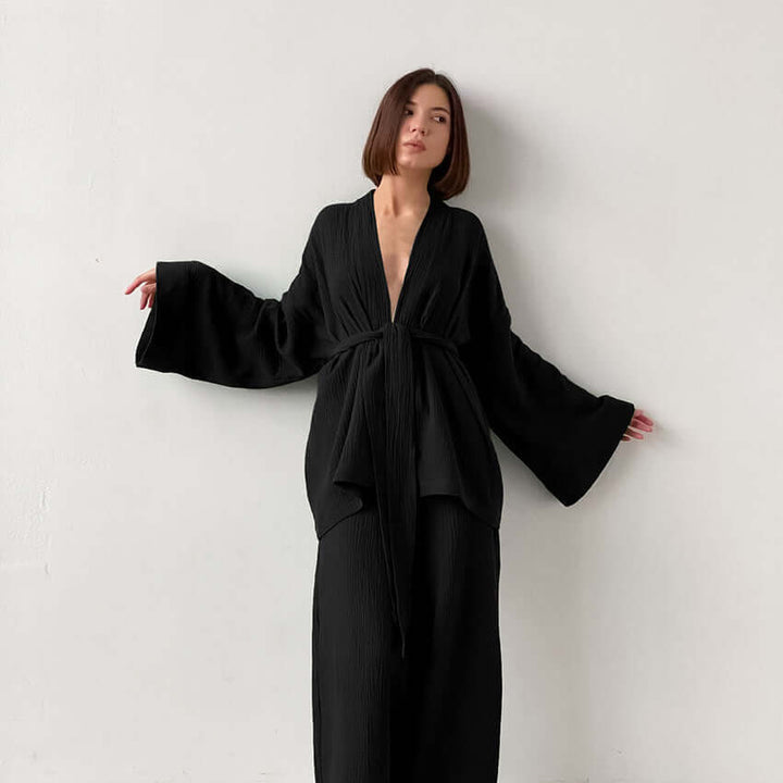 Women's Summer Two-Piece Set: V-Neck Top & Wide Leg Trousers