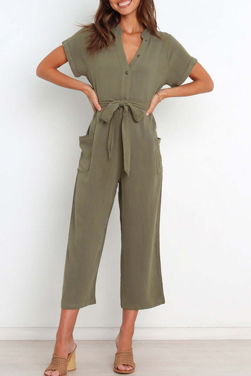 Women's V-Neck Button Jumpsuit: Versatile & Stylish